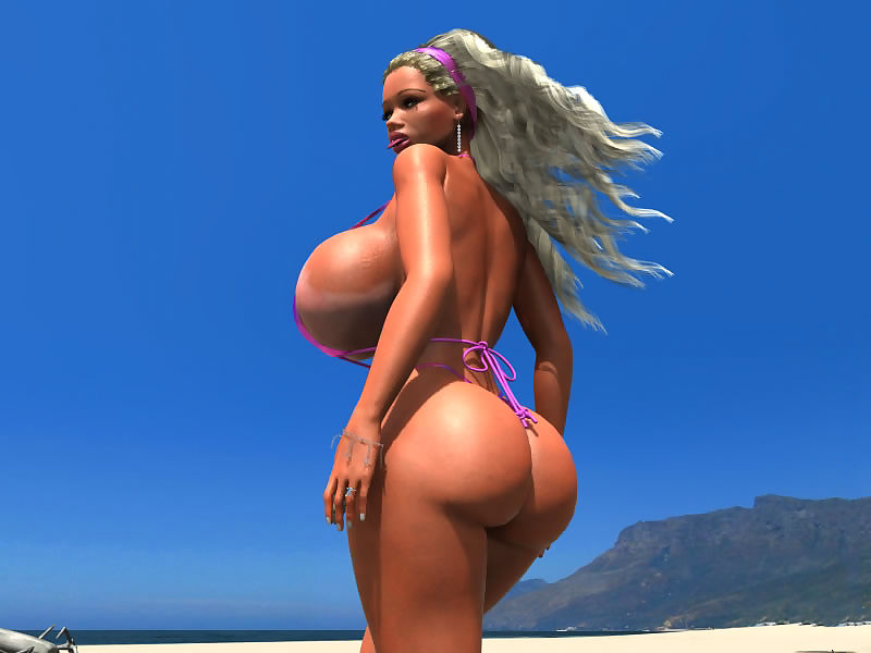 Blond 3d Babe in Bikini knippert haar massief tieten in De openbaar Strand Onderdeel 438
