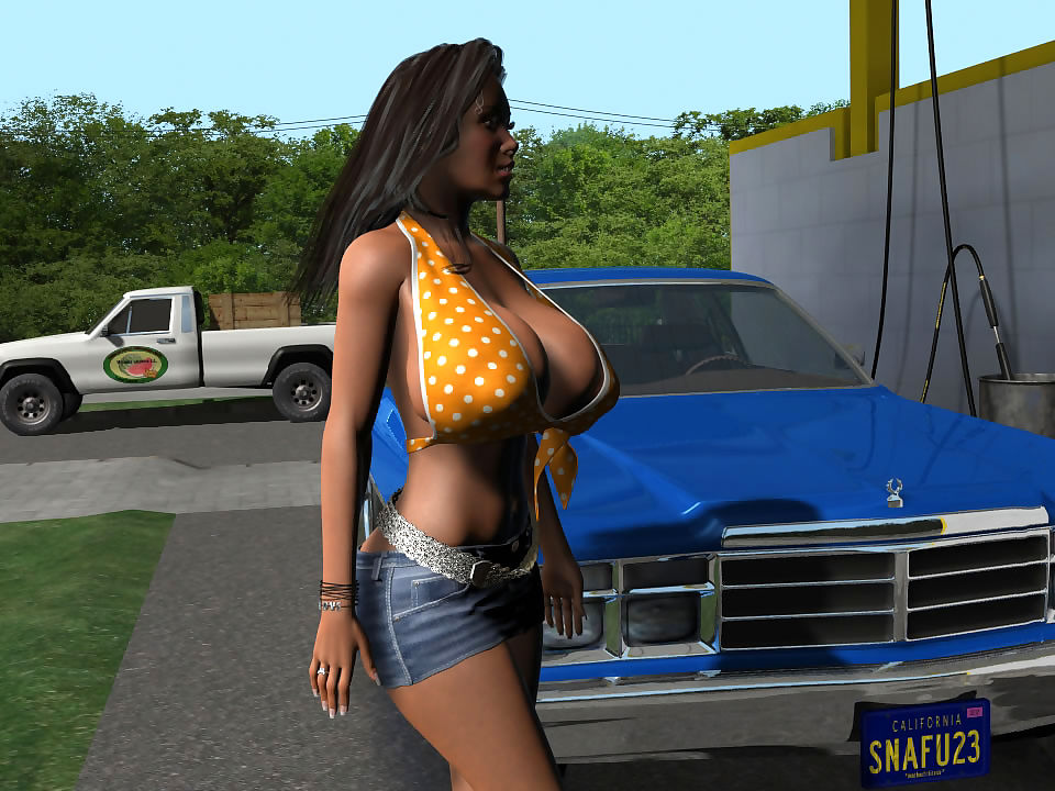 Nóng 3d Phụ nữ da ngăm với Thêm to lớn, bộ ngực giả Khỏa thân trên một Xe hood phần 548